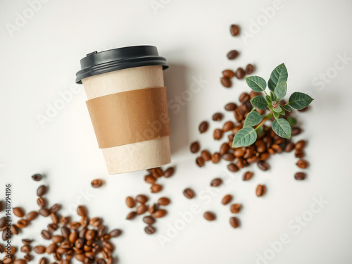 Eco-Friendly Takeaway Coffee Cup Flat Lay with Beans and Plant Sprig
