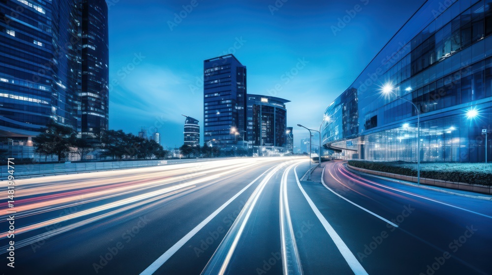 Obraz premium A bustling city street at night with illuminated buildings and moving vehicles, featuring blue and white lights, a blue sky, and a blurred foreground with streaks of light.