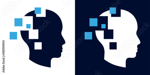 AI head silhouette logo with digital square elements. Abstract profile symbol for artificial intelligence and tech.