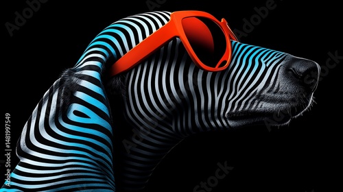 A stylized dog head with zebra stripes, wearing orange sunglasses, set against a black backdrop