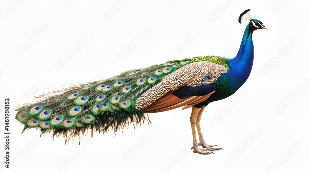 Obraz premium peacock, photography, USA, colour image, close-up, studio shot, animal themes, one animal, profile view, white background, animal wildlife, male animal