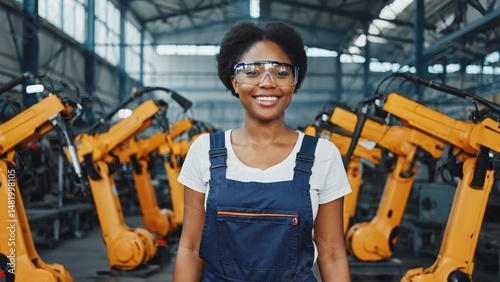 Portrait of smiling African American female engineer in glasses at factory