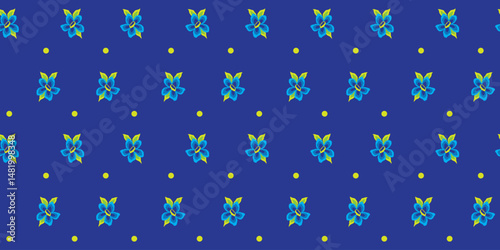 Seamless blue floral pattern illustration. Childish floral doodle background, cute basic nature shapes wallpaper.