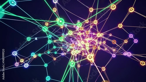 Futuristic digital visualization of network connections with data nodes and lines moving dynamically, technology and internet communication artificial intelligence concept