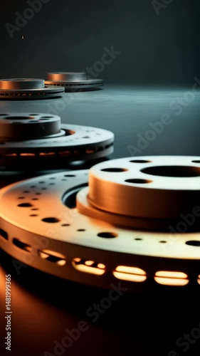 Metallic brake discs for automotive repair on a dark background with rim, rotor, pads for stopping and car safety.