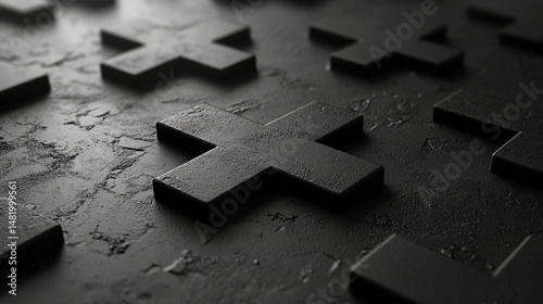 Dark gray crosses on a textured surface.