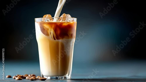 Glass of coffee with milk poured into it. The coffee is hot and the milk is cold