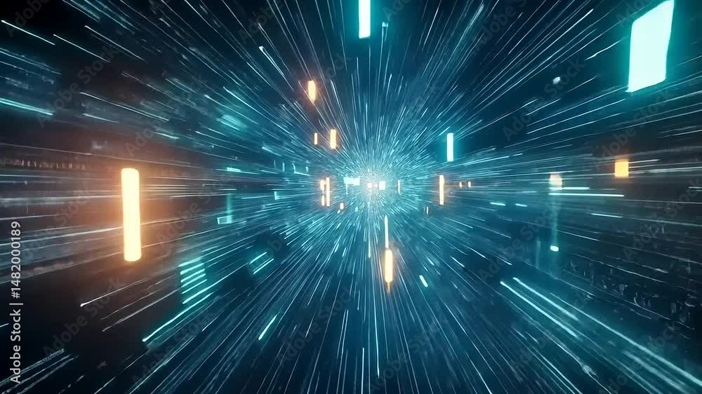 A digital abstract with an array of blue and orange lights converging into a bright center