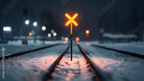 Illuminated Railroad Crossing in Snowy Night