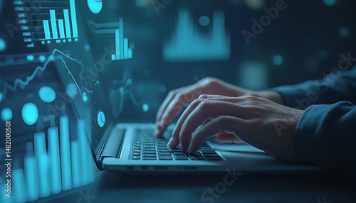 Hands typing on a laptop displaying futuristic data visualizations and charts. Perfect for themes on data analysis and modern technology in professional environments.