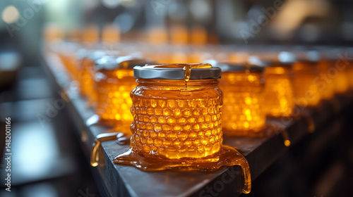 Honey jars dripping with honey on a conveyor belt in a food processing facility.