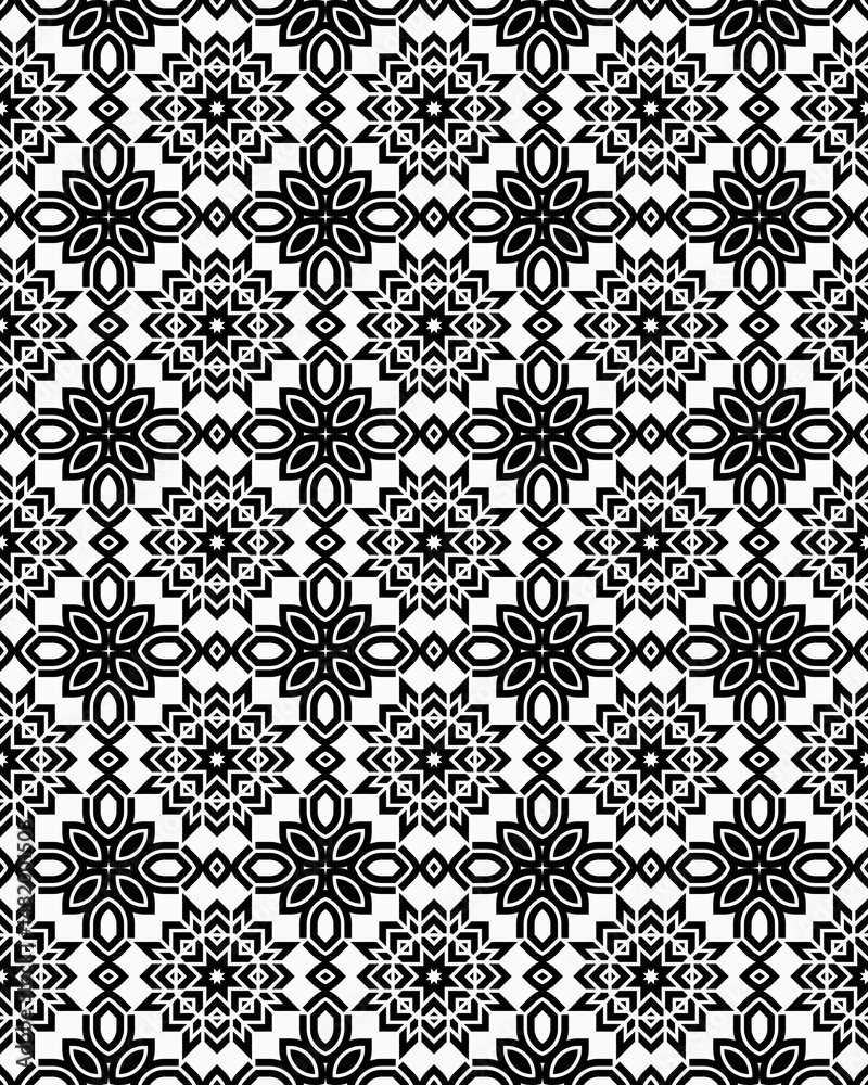 Fototapeta premium Detailed floral shapes create a striking black and white pattern with symmetrical designs throughout the layout