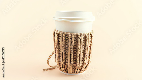 White Takeaway Coffee Cup with Cozy Knitted Sleeve on Light Beige Background
