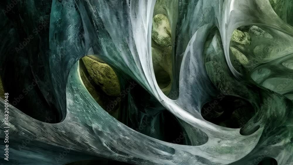 Abstract organic structure with interconnected tunnels and irregular shapes in green, teal, and white hues, showing textures and depth