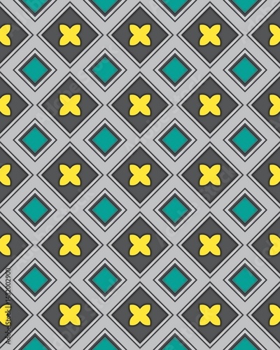 A bold geometric pattern showcases interlocking diamonds and crosses in yellow, turquoise, and gray, creating visual interest and texture