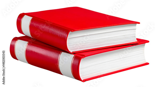 Pair of reading books stacked with visible hardcover edges and bookmark, isolated on white background 