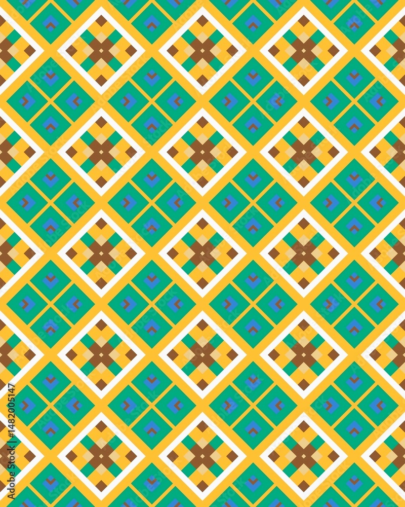 This artwork features a lively pattern with geometric shapes in yellow, brown, and white, ideal for background designs or textiles This artwork features a lively pattern with geometric shapes in yellow, brown, and white, ideal for background designs or textiles