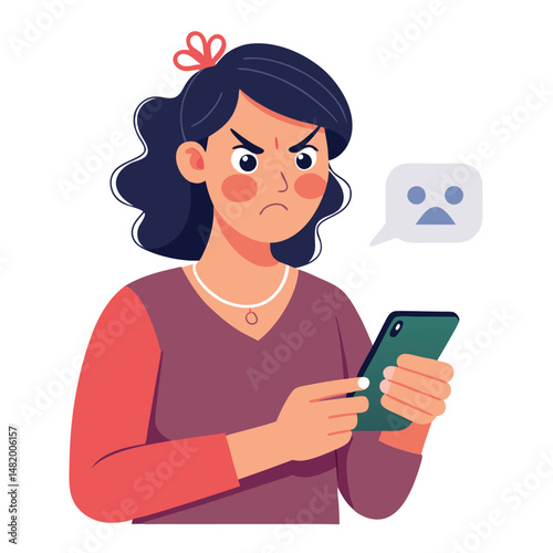 Angry woman online, texting hate comment on mobile phone. Aggressive person with smartphone, chatting in social media, internet conflict. Flat vector illustration isolated on white background 