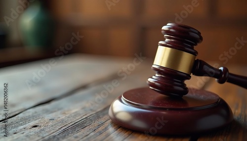 Stern courtroom judge's gavel and soundboard on a wooden desk , civil justice, legal proceedings