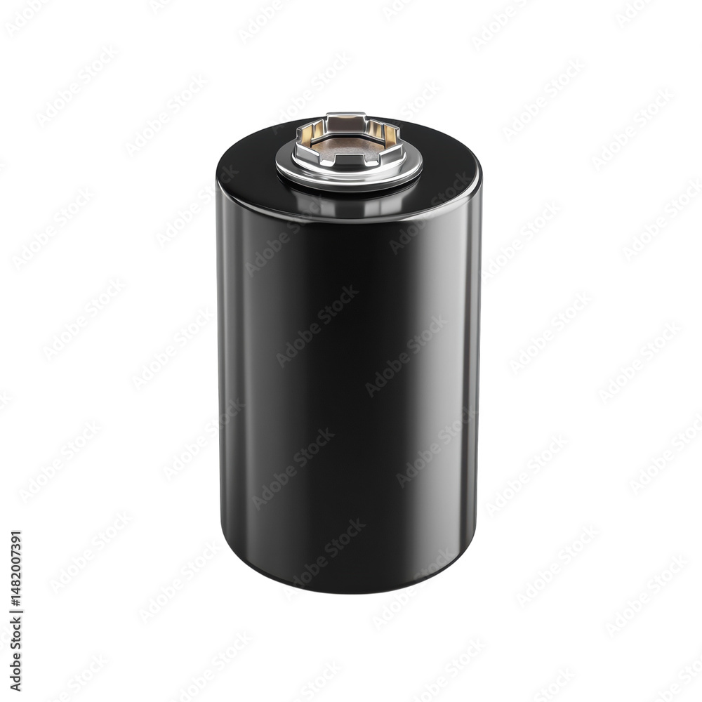 Sleek black cylindrical battery metallic top isolated on pure black on transparent background Sleek black cylindrical battery metallic top isolated on pure black on transparent background