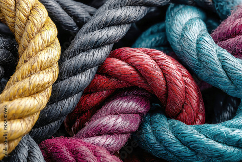 Intricate multi-colored ropes and twines showcasing unity and strength against a dark background