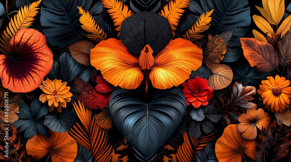 Fototapeta premium A vibrant floral composition. Large orange blooms, dark blue leaves, and various textures create a rich scene