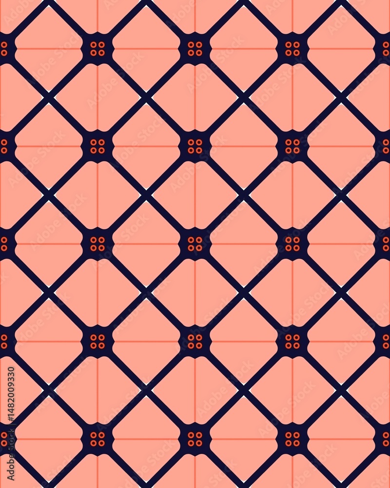 Fototapeta premium This design showcases a coral background with a geometric pattern of interlocking shapes outlined in navy, creating a striking visual effect