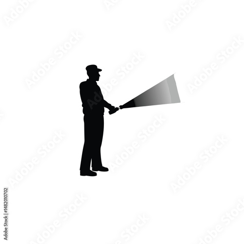Security guard with flashlight silhouette on white background