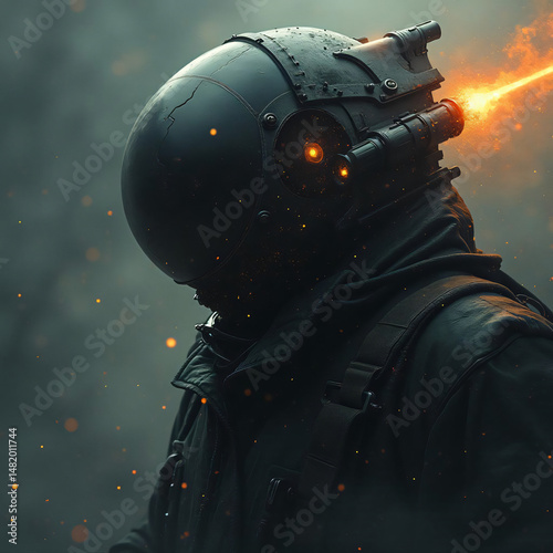 Figure Wearing Futuristic Helmet with Laser Beam and Industrial Vibe photo