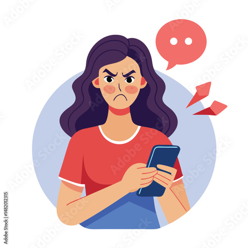Angry woman online, texting hate comment on mobile phone. Aggressive person with smartphone, chatting in social media, internet conflict. Flat vector illustration isolated on white background 