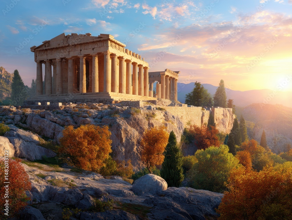 Naklejka premium Ancient Greek Temple Ruins at Sunset in Autumn