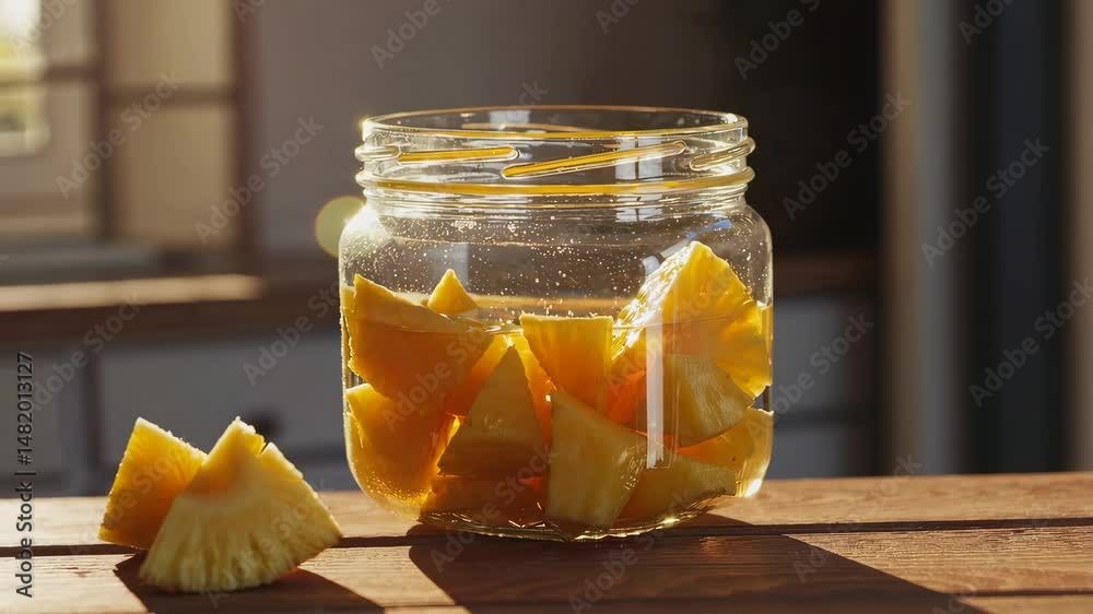 Glass jar filled with fresh pineapple chunks in golden afternoon sunlight, rustic food preservation or tropical fruit snacking concept with natural lighting and shadows