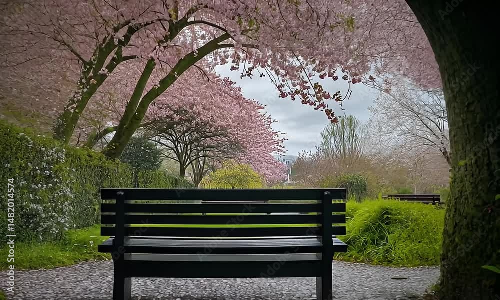 Serene park bench under blossoming trees, viewed through an archway. Petals scatter on the ground Serene park bench under blossoming trees, viewed through an archway. Petals scatter on the ground