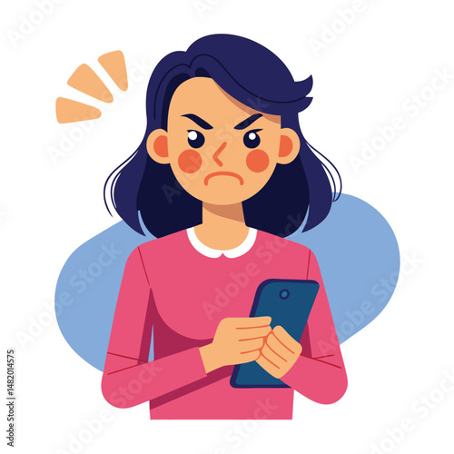 Angry woman online, texting hate comment on mobile phone. Aggressive person with smartphone, chatting in social media, internet conflict. Flat vector illustration isolated on white background 