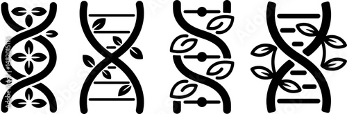 DNA helix with leaf nodes silhouette for natural science healing - Icon set