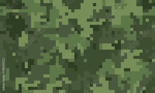 Abstract digital camouflage pattern.  Perfect for backgrounds, textures, or militarythemed designs.  Shades of green create a pixelated, modern aesthetic.