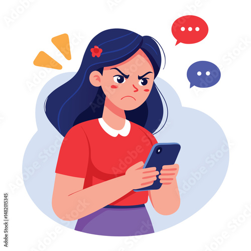 Angry woman online, texting hate comment on mobile phone. Aggressive person with smartphone, chatting in social media, internet conflict. Flat vector illustration isolated on white background 