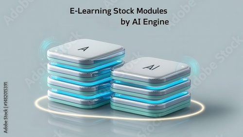 AI learning tools virtual classroom concept. Futuristic glowing e-learning modules stacked together, labeled 