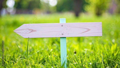 Pastel-colored wooden signpost on green grass, fresh lawn. Natural scenery. Summer or spring time