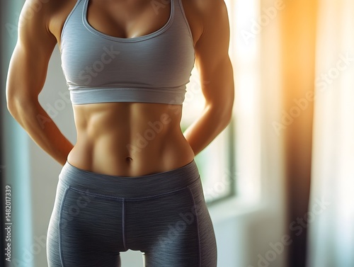 A fit woman with a defined six-pack displays her toned abdomen and athletic physique in workout clothing.