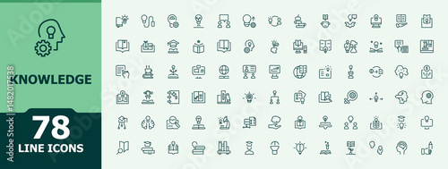 Knowledge vector icon set. Minimalist icons collection. Contain linear symbols ai, book, skill, learn, school, study. Vector artwork and illustration. Skill vector line icon set.
