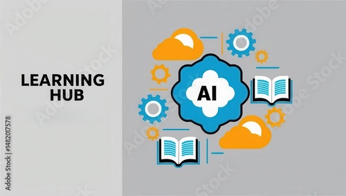 AI learning tools virtual classroom concept. AI Learning Hub illustration with books, gears, and cloud icons representing technology and education.