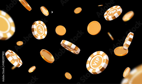3d flying golden VIP casino poker chips and coins with different angles. Gold and white chips for betting and gambling games. Stock vector illustration on black isolated background.	
