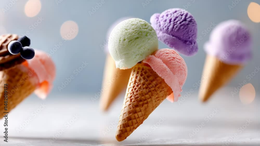 Row of ice cream cones with different flavors, including green, purple, and pink. The cones are flying through the air, creating a sense of motion and excitement