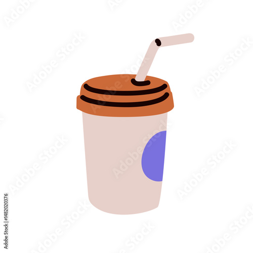 Paper cup with lid and straw. Takeaway takeout mug with drink to go. Take-awa...