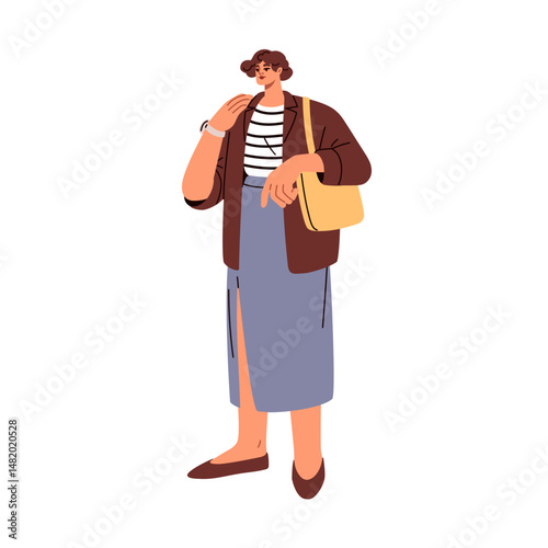 Woman in modern urban style outfit. Female character standing in stylish clothing, blazer, skirt, shoulder bag and shoes. Trendy apparel. Flat vector illustration isolated on white background