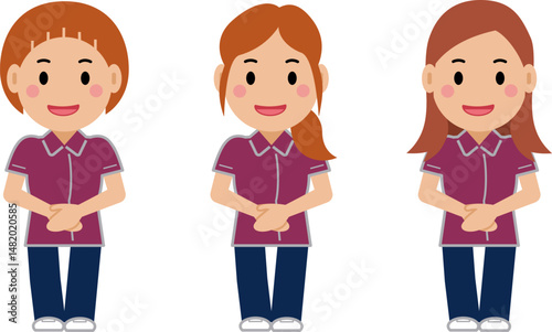 手を前で重ね、笑顔のえんじ色の制服の女性看護師。その2