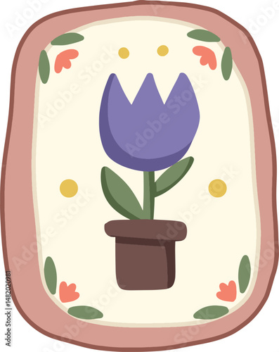 Cute hand-drawn tulip in a flower pot with floral frame
