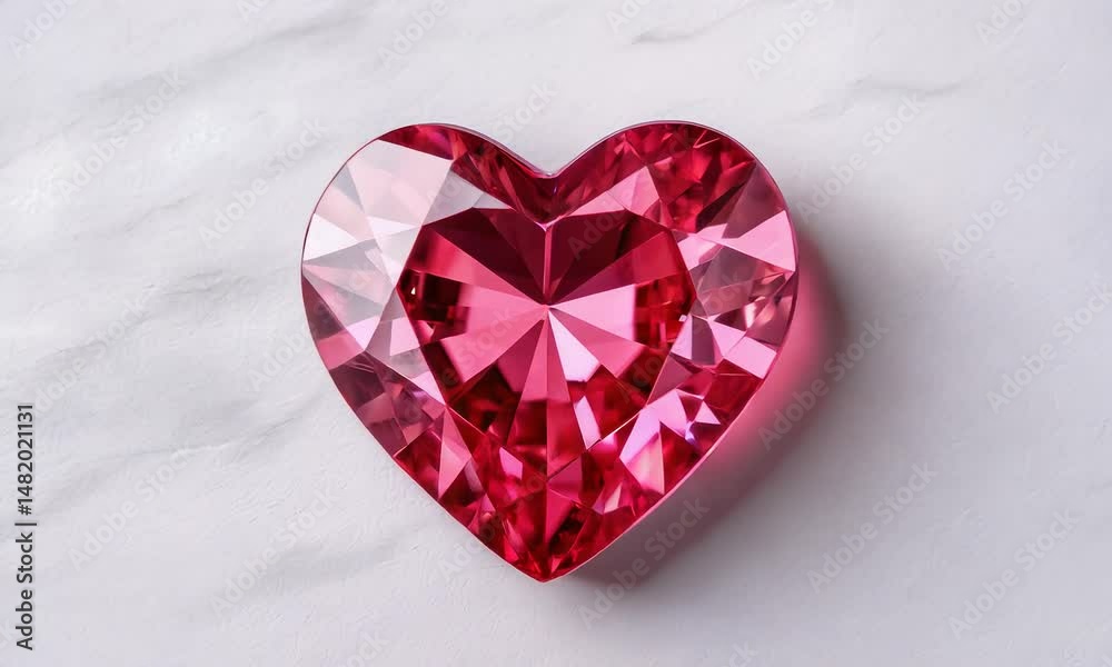 A sparkling, heart-shaped pink gemstone is placed on a smooth, white marble surface.