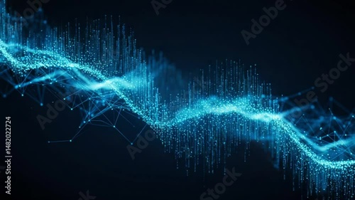 Flowing blue digital wave with connecting dots and lines on dark background